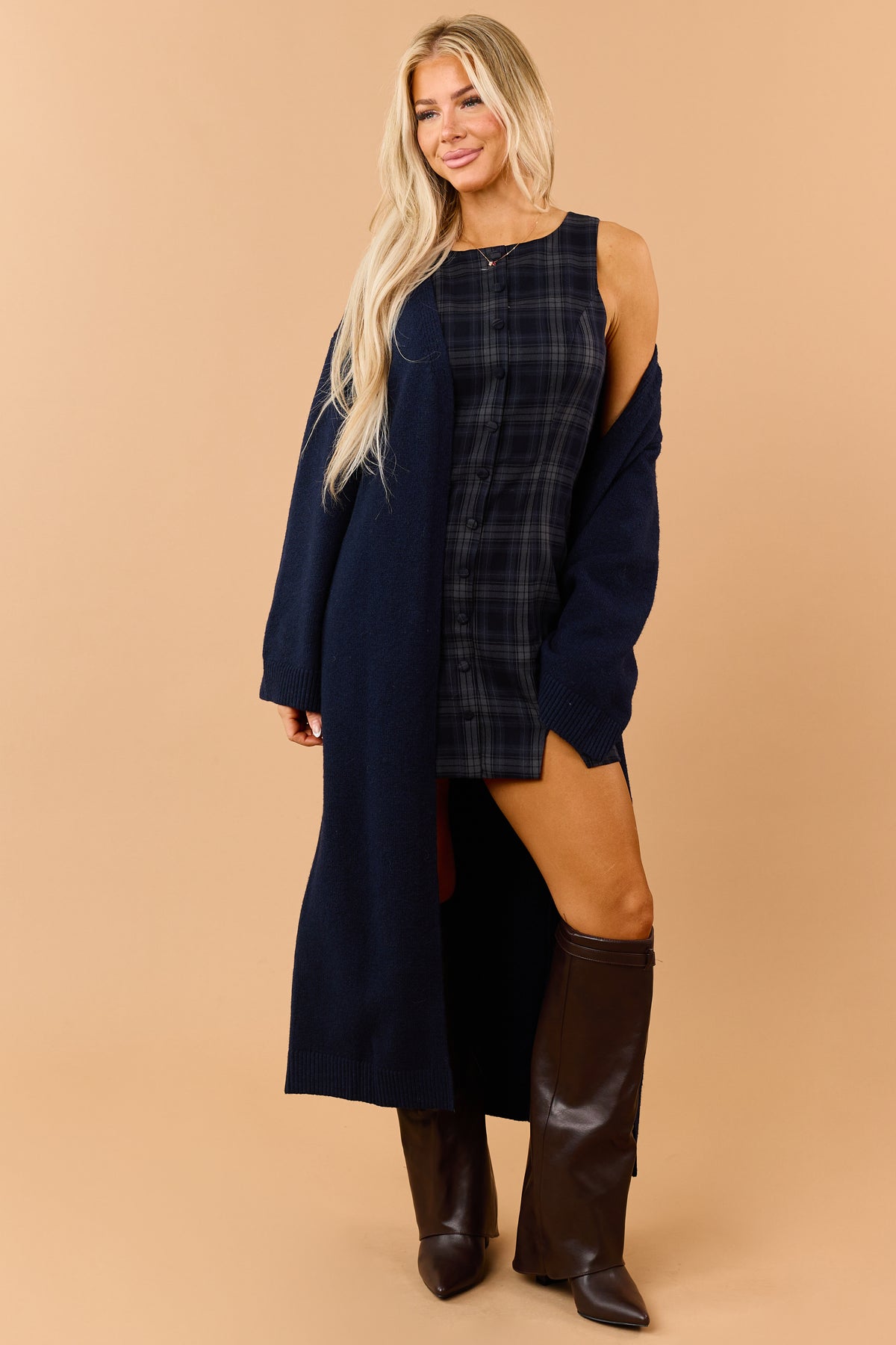Navy Plaid Faux Button Down Sleeveless Mini Dress