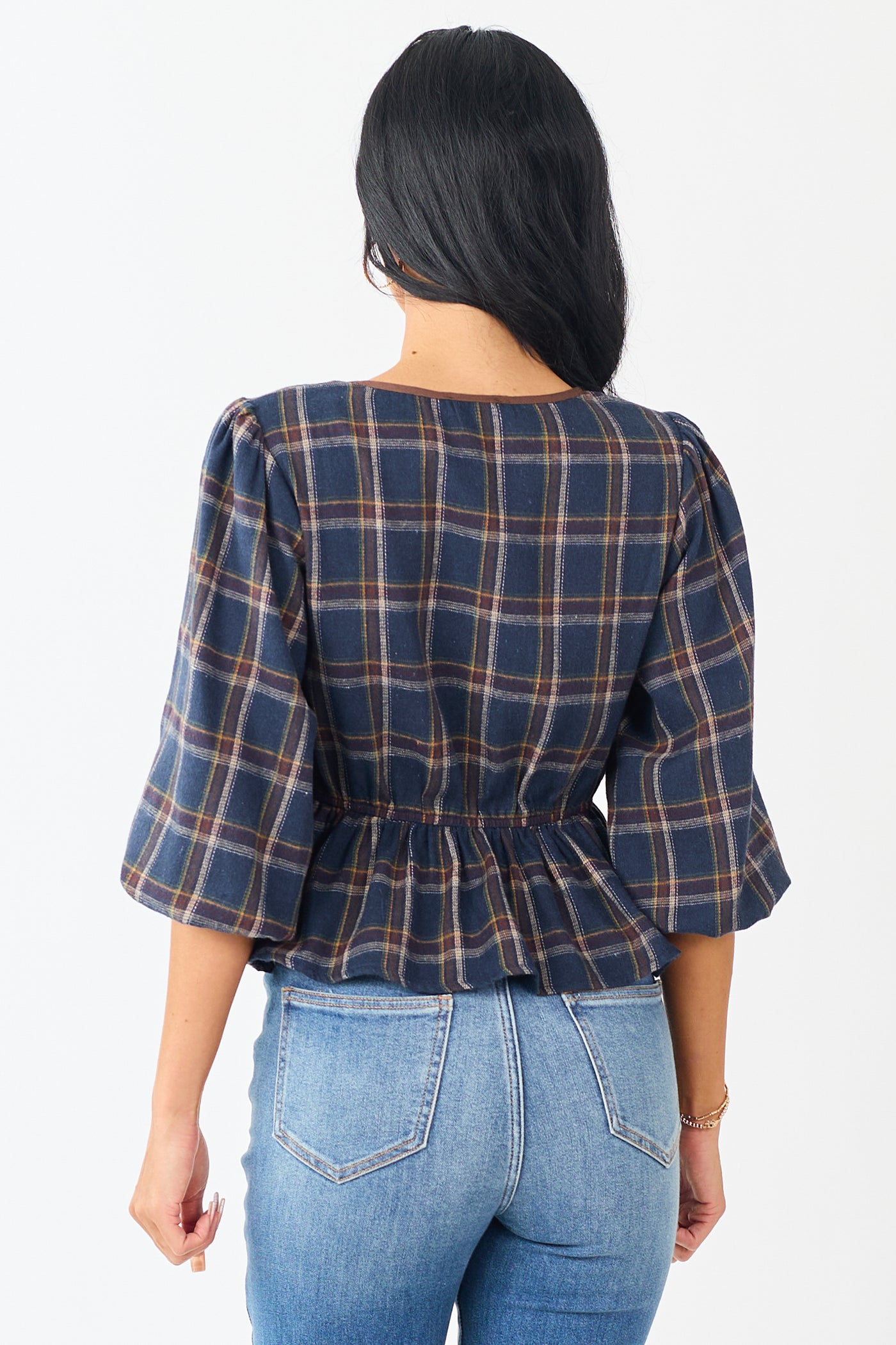 Navy Plaid Peplum Front Tie 3/4 Sleeve Top