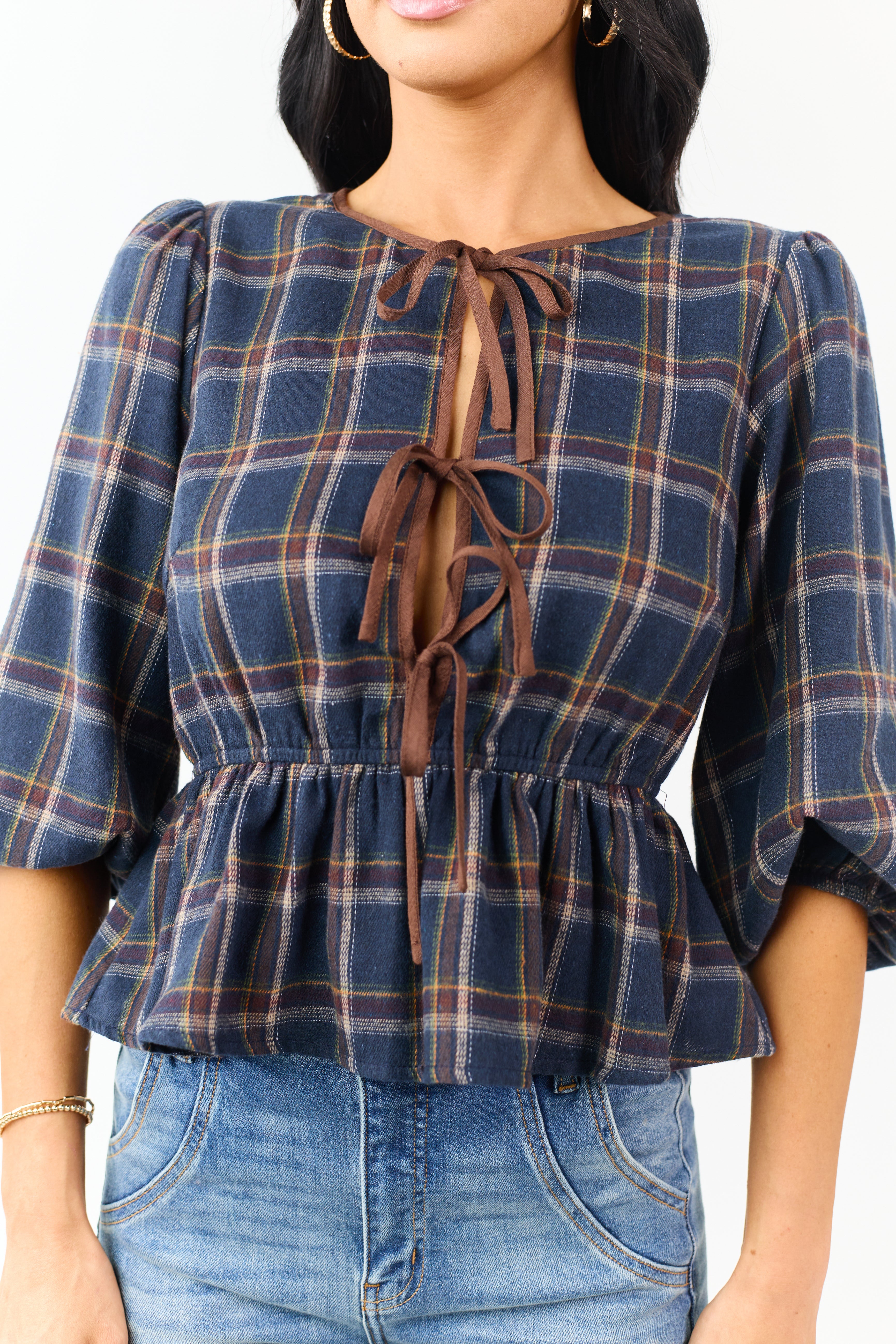 Navy Plaid Peplum Front Tie 3/4 Sleeve Top