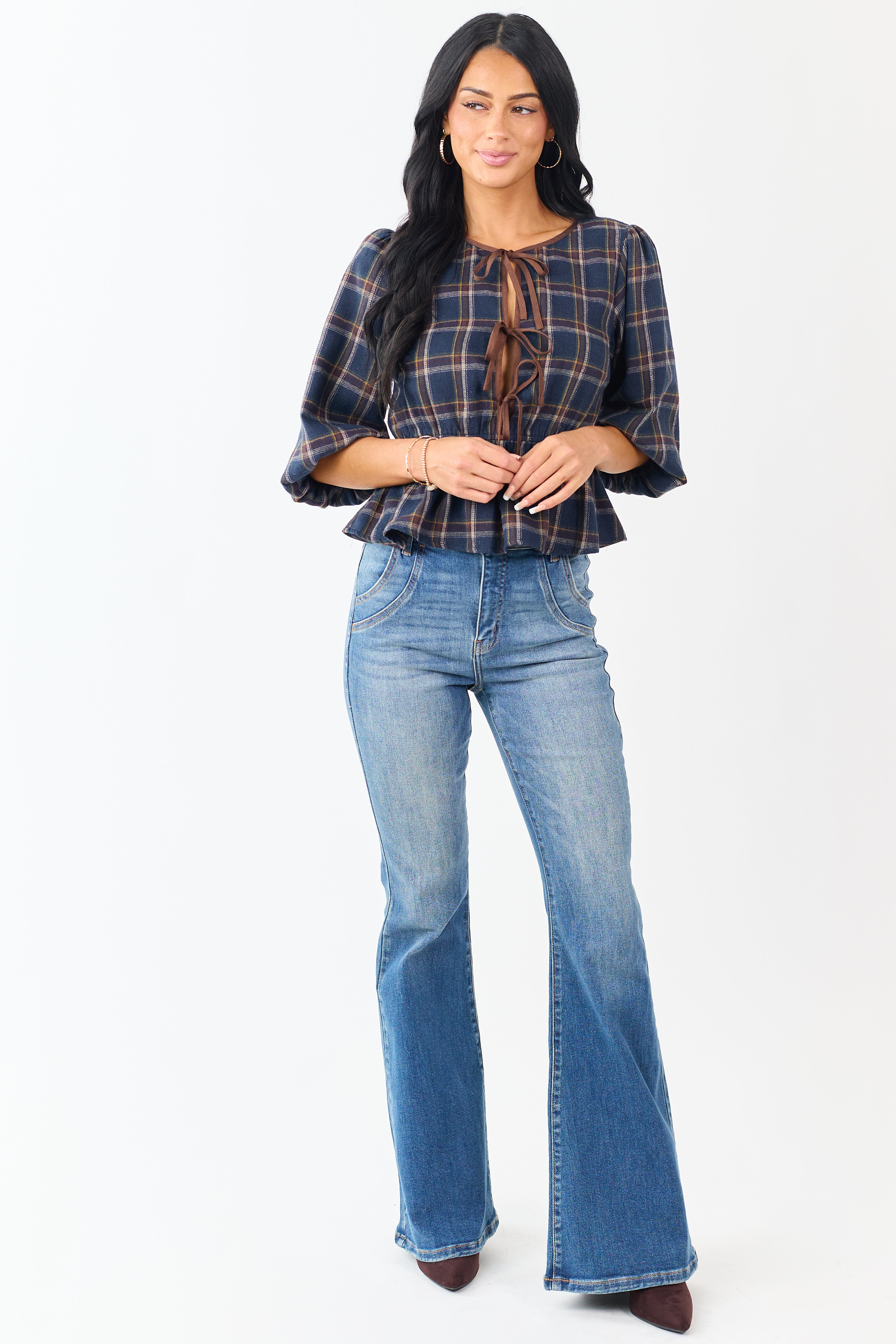 Navy Plaid Peplum Front Tie 3/4 Sleeve Top | Lime Lush Boutique