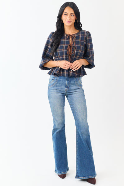 Navy Plaid Peplum Front Tie 3/4 Sleeve Top