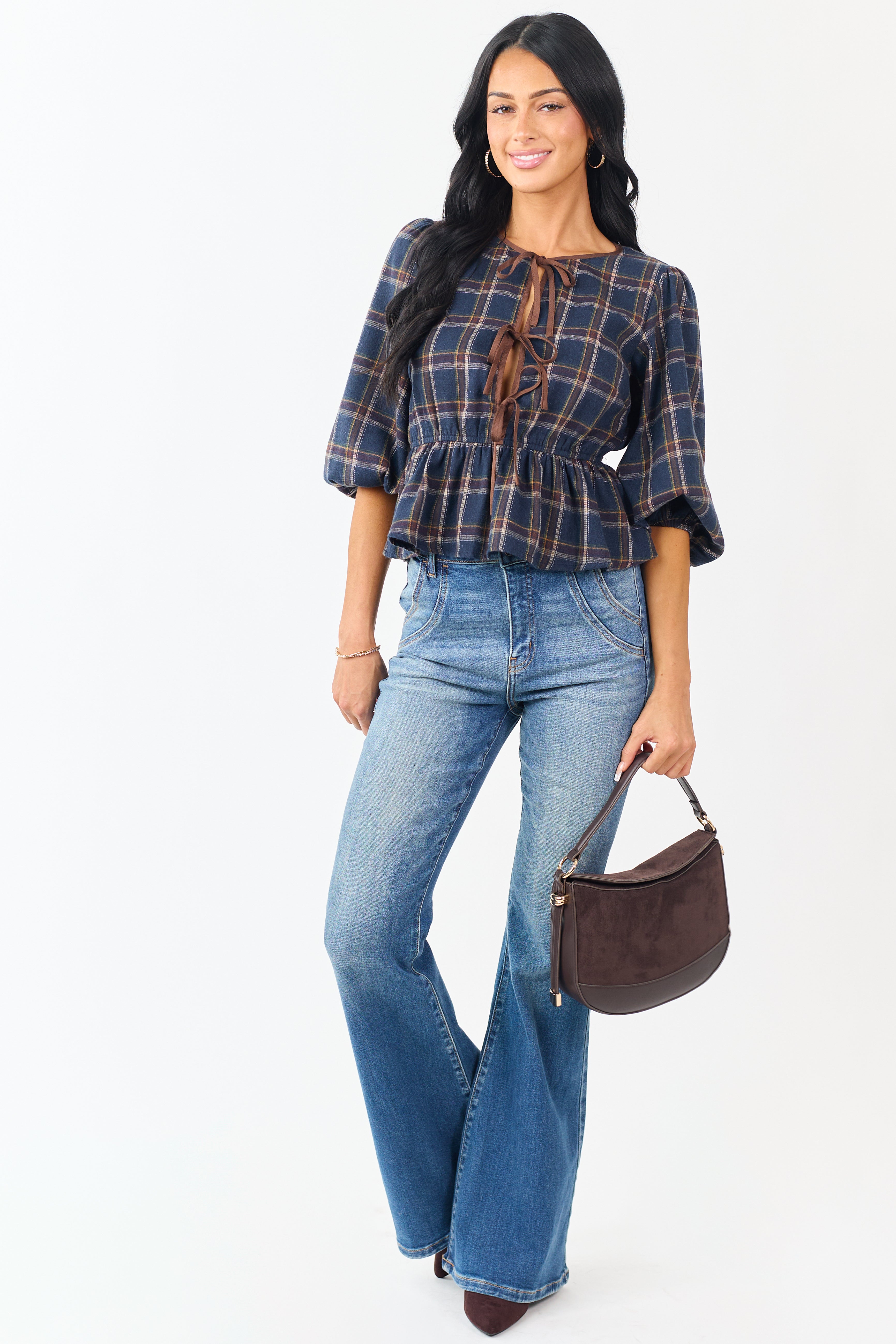 トップス Checked Flared Peplum Top Navy Plaid Peplum Front Tie 3/4 Sleeve Top | Lime Lush Boutique