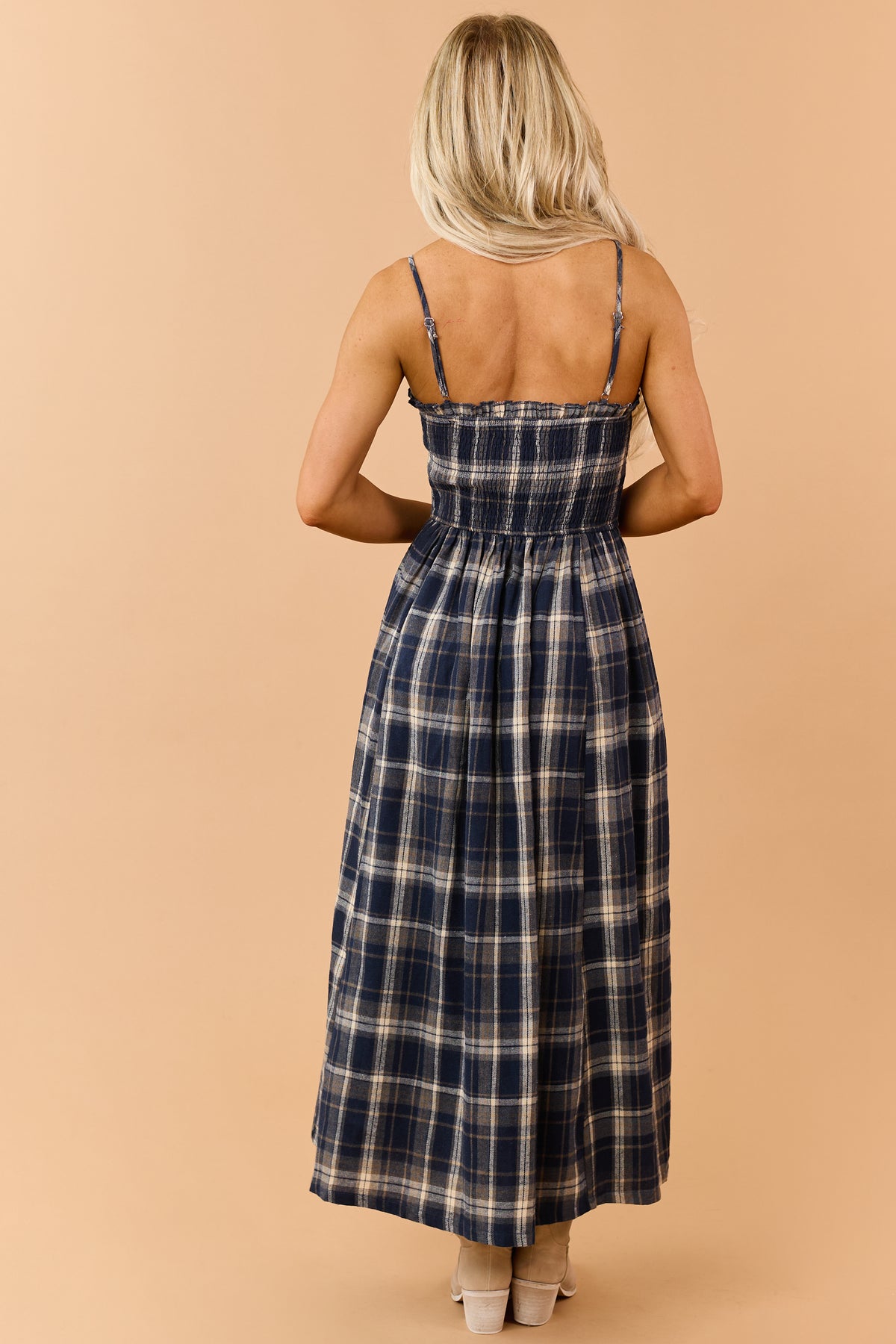 Navy Plaid Smocked Bodice Sleeveless Maxi Dress