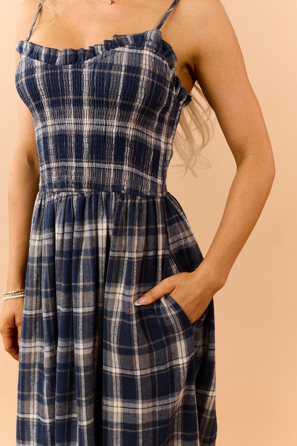 Navy Plaid Smocked Bodice Sleeveless Maxi Dress