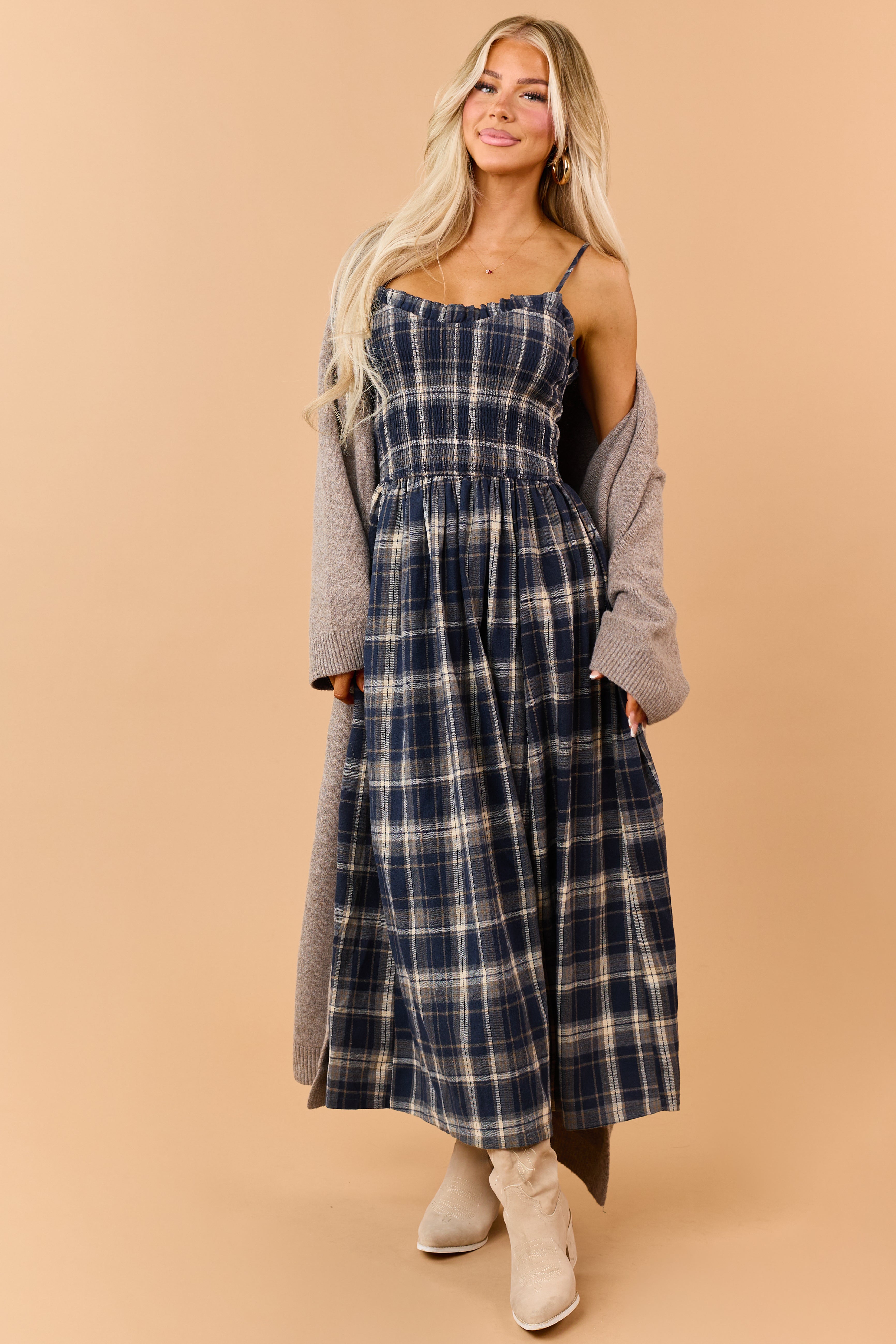 Navy Plaid Smocked Bodice Sleeveless Maxi Dress | Lime Lush Boutique