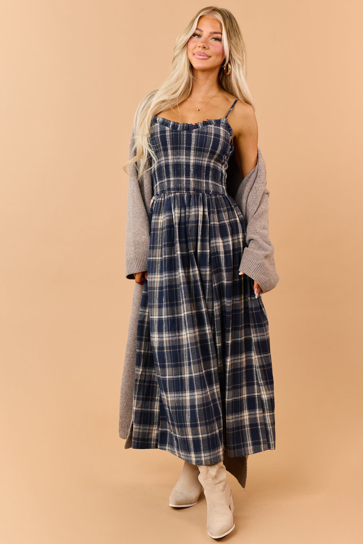 Navy Plaid Smocked Bodice Sleeveless Maxi Dress