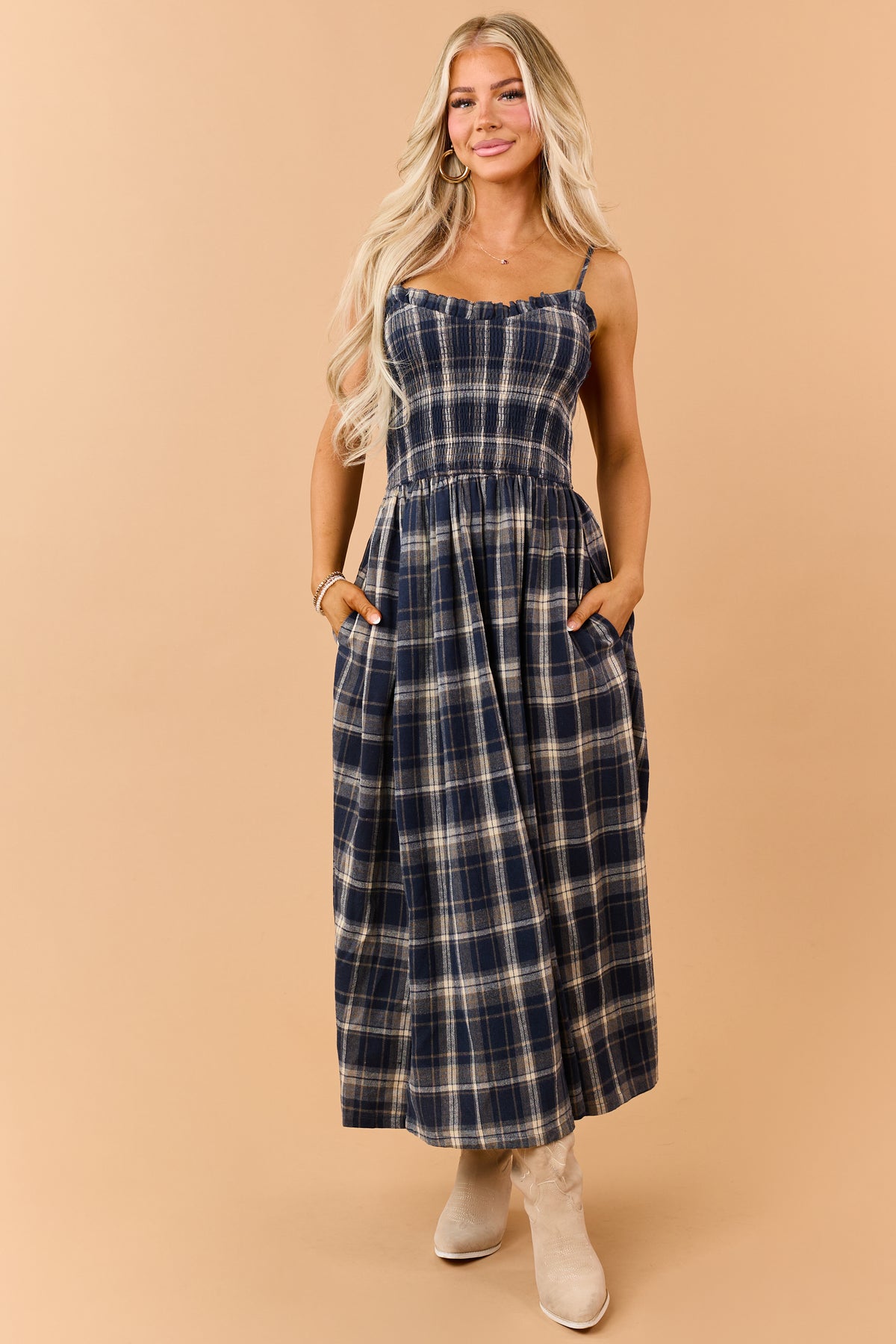 Navy Plaid Smocked Bodice Sleeveless Maxi Dress