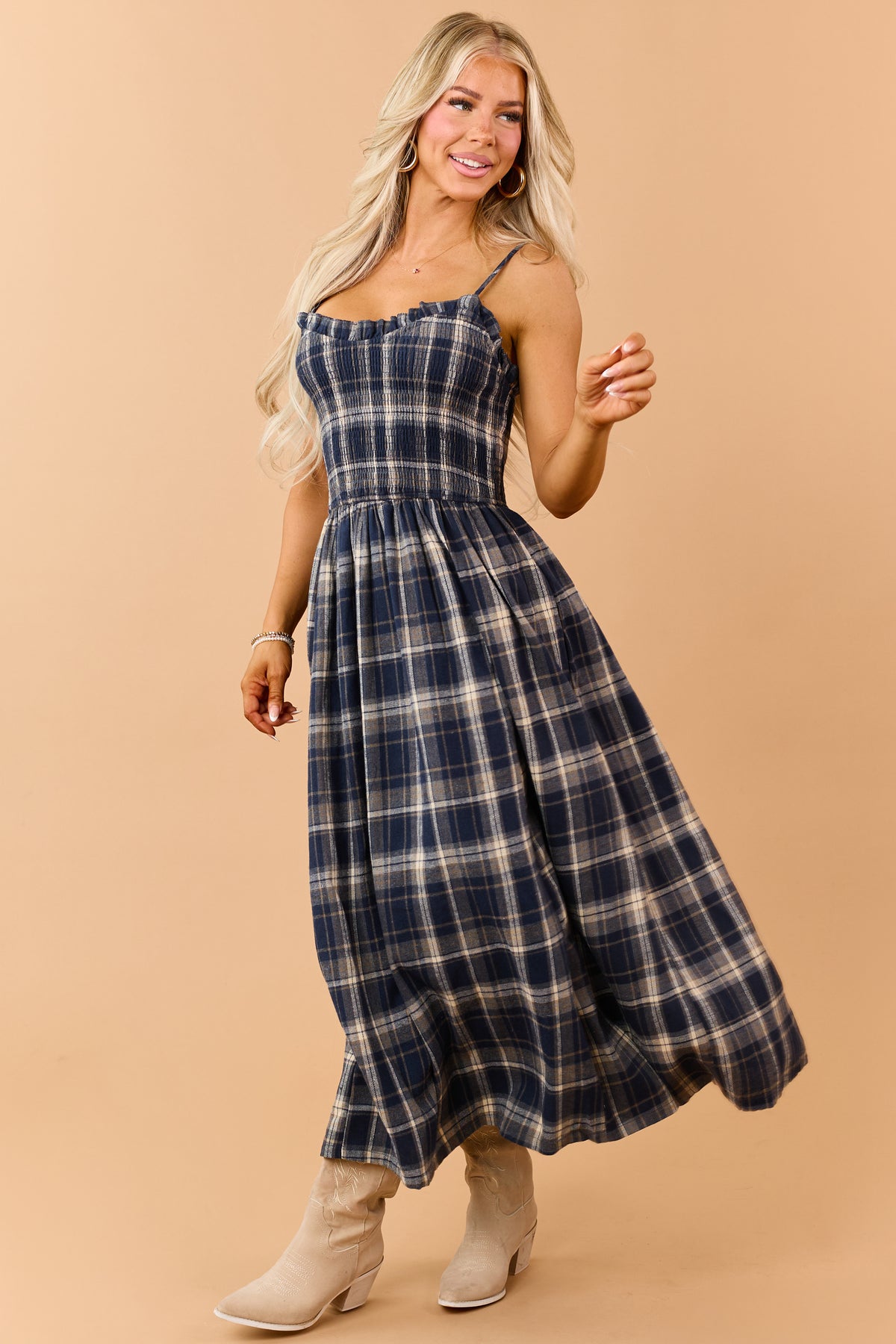 Navy Plaid Smocked Bodice Sleeveless Maxi Dress