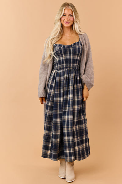 Navy Plaid Smocked Bodice Sleeveless Maxi Dress