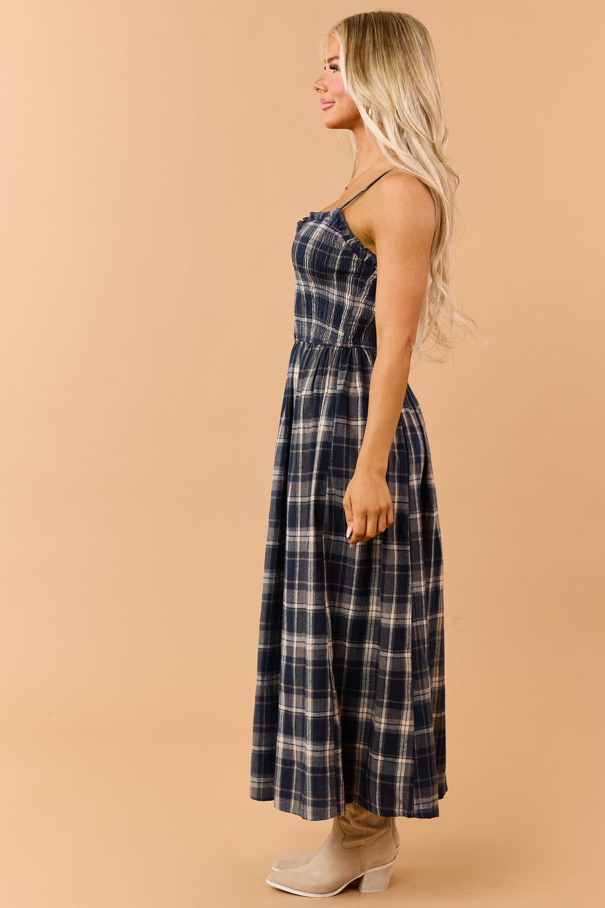 Navy Plaid Smocked Bodice Sleeveless Maxi Dress