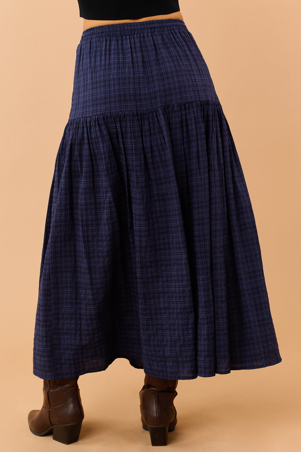 Navy Plaid Tiered Elastic Waistband Maxi Skirt