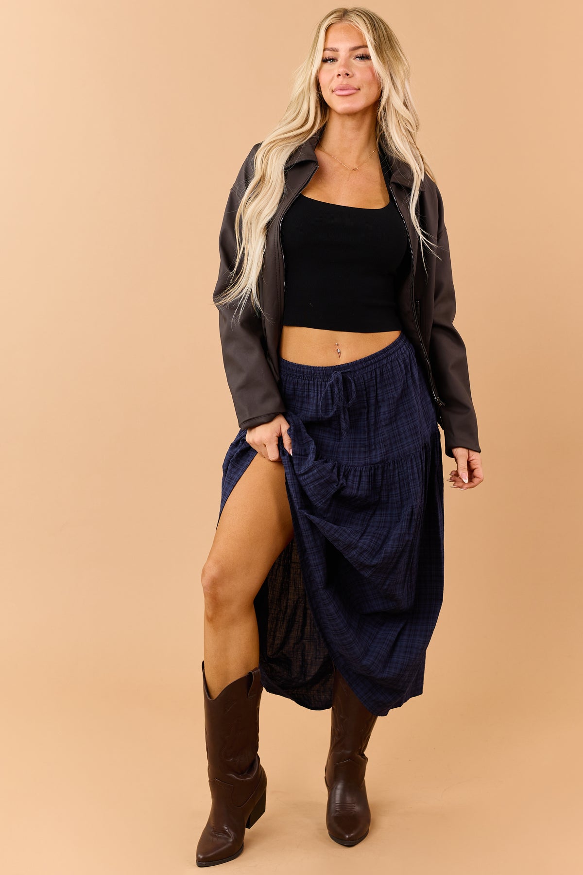 Navy Plaid Tiered Elastic Waistband Maxi Skirt