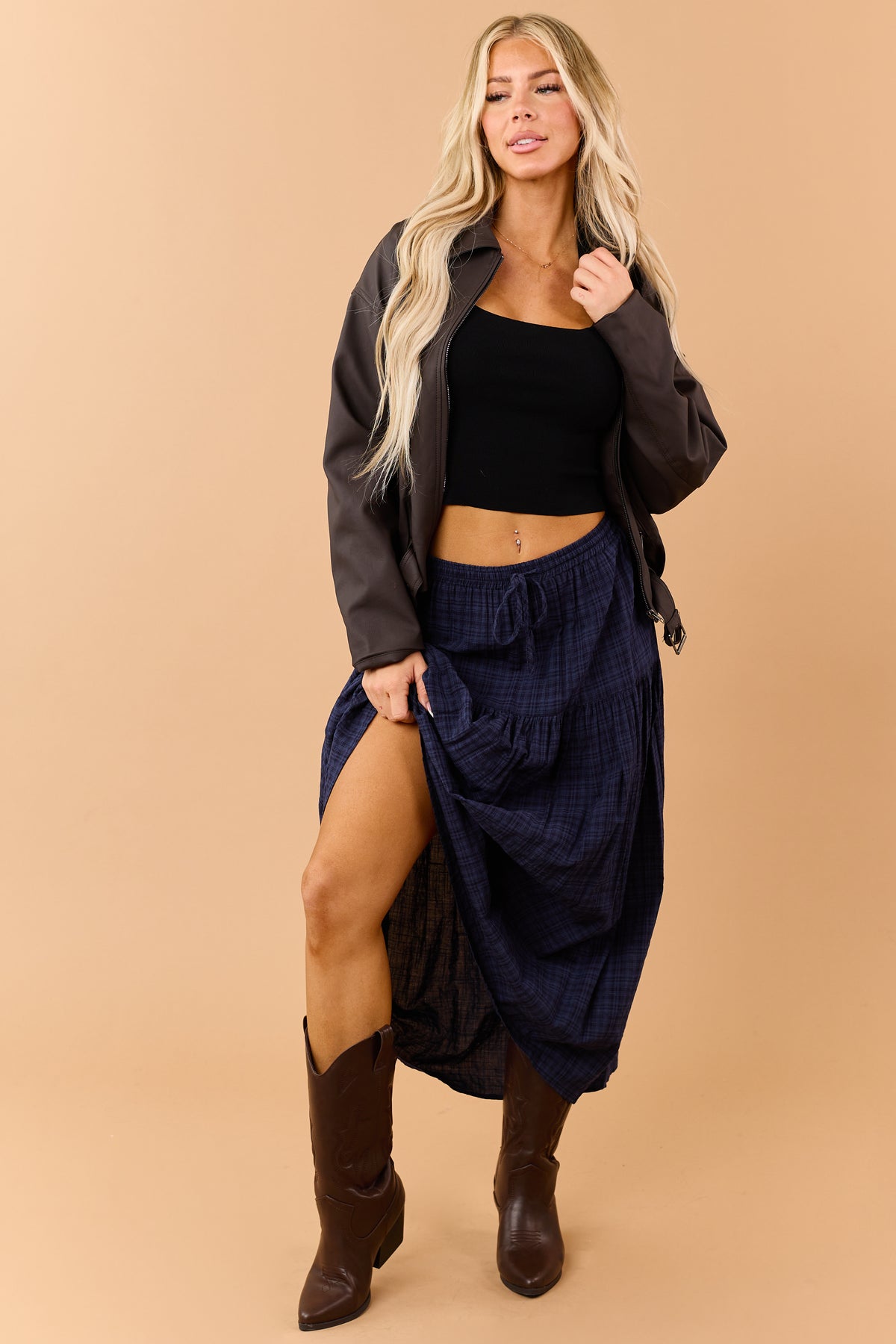 Navy Plaid Tiered Elastic Waistband Maxi Skirt