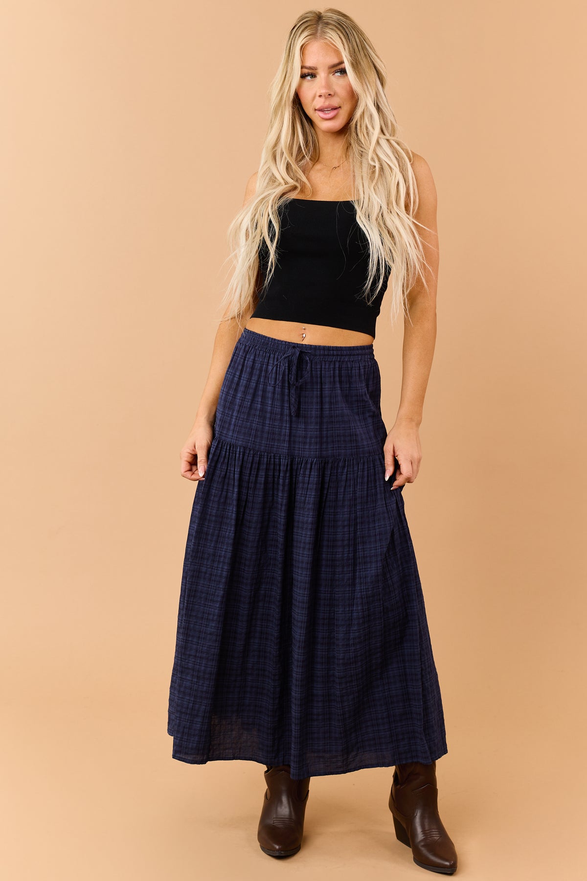 Navy Plaid Tiered Elastic Waistband Maxi Skirt