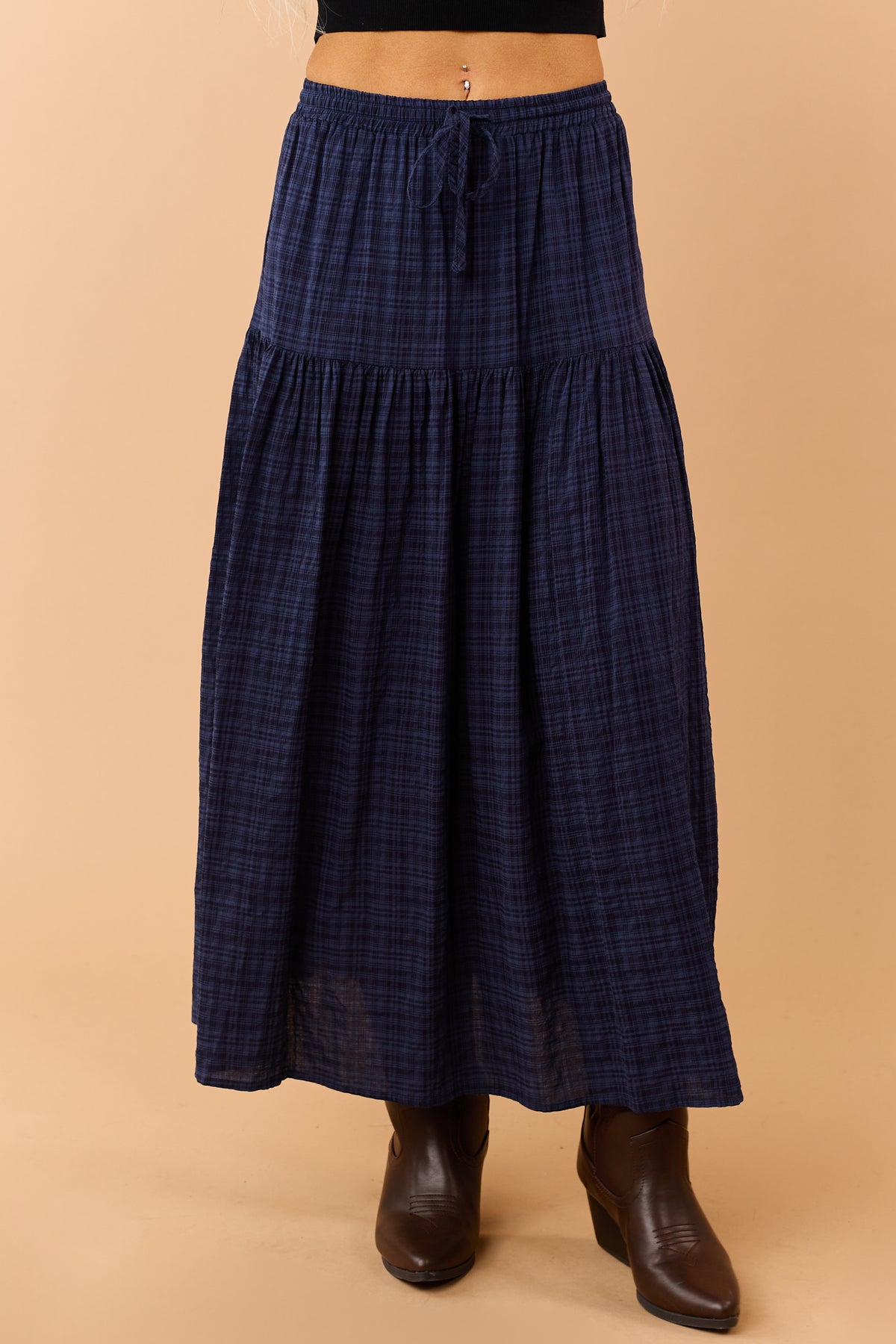 Navy Plaid Tiered Elastic Waistband Maxi Skirt