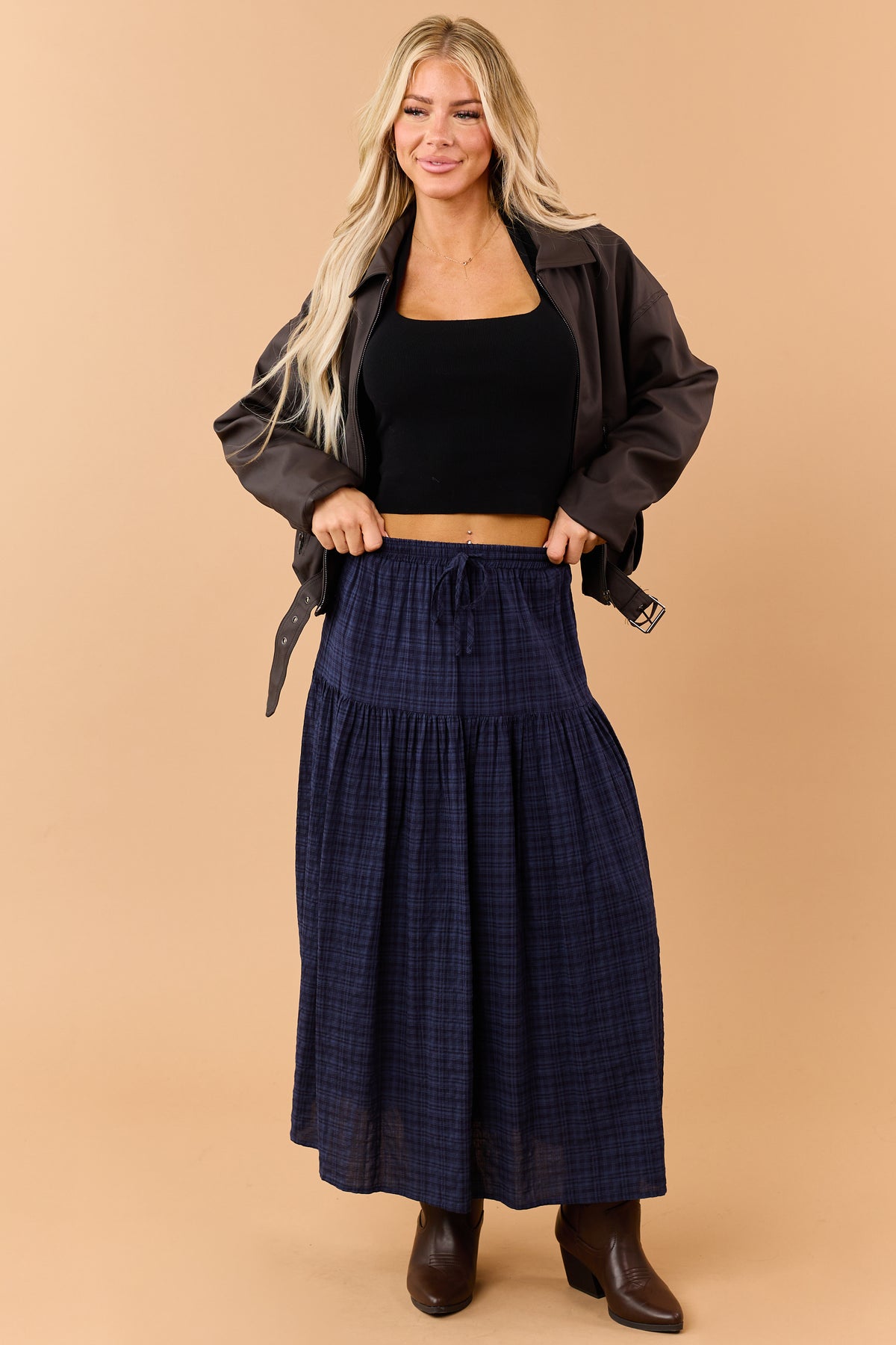 Navy Plaid Tiered Elastic Waistband Maxi Skirt