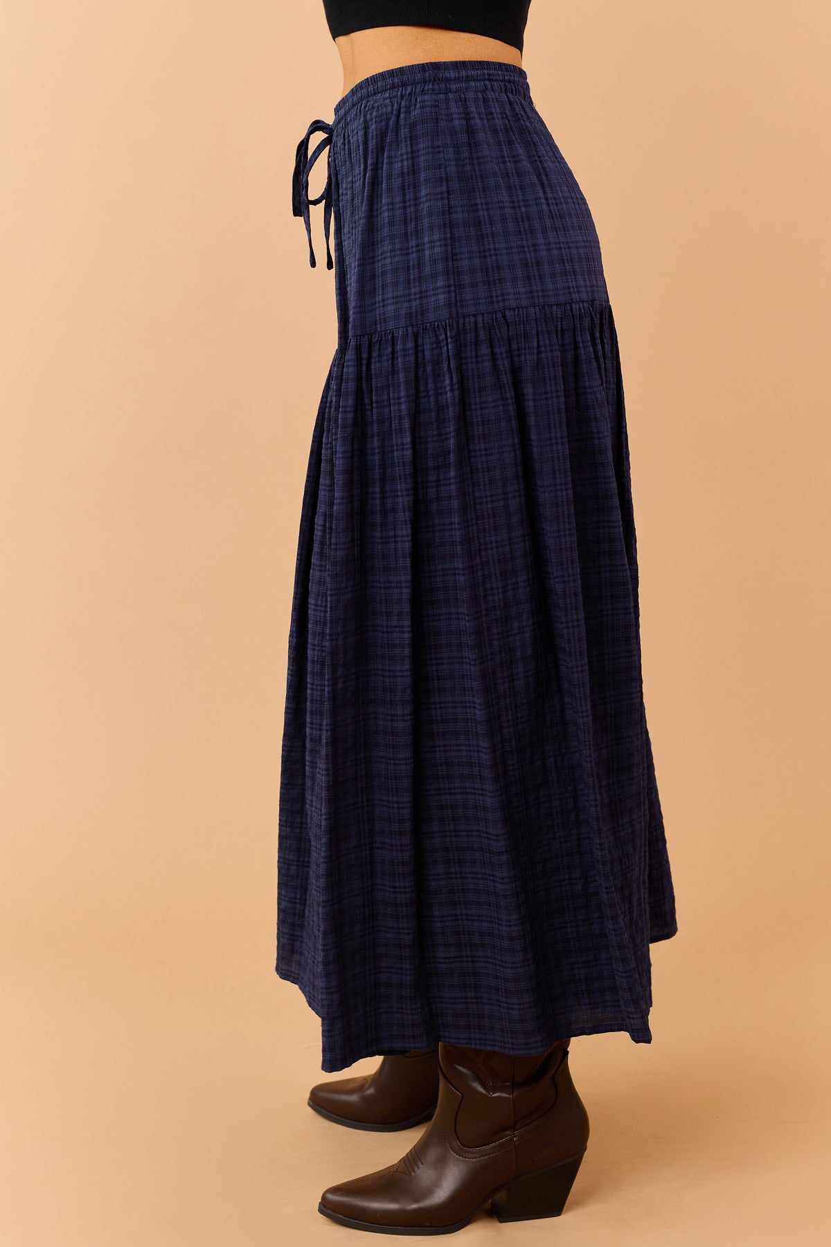 Navy Plaid Tiered Elastic Waistband Maxi Skirt