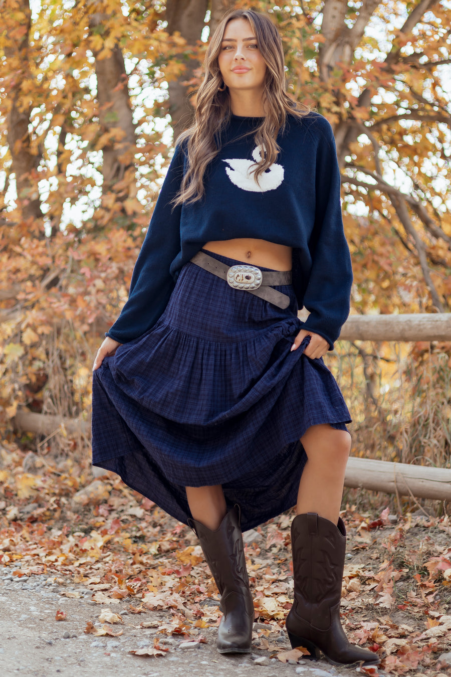 Navy Plaid Tiered Elastic Waistband Maxi Skirt