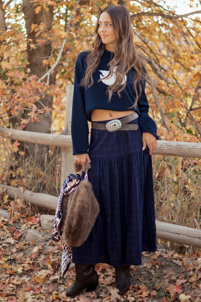 Navy Plaid Tiered Elastic Waistband Maxi Skirt
