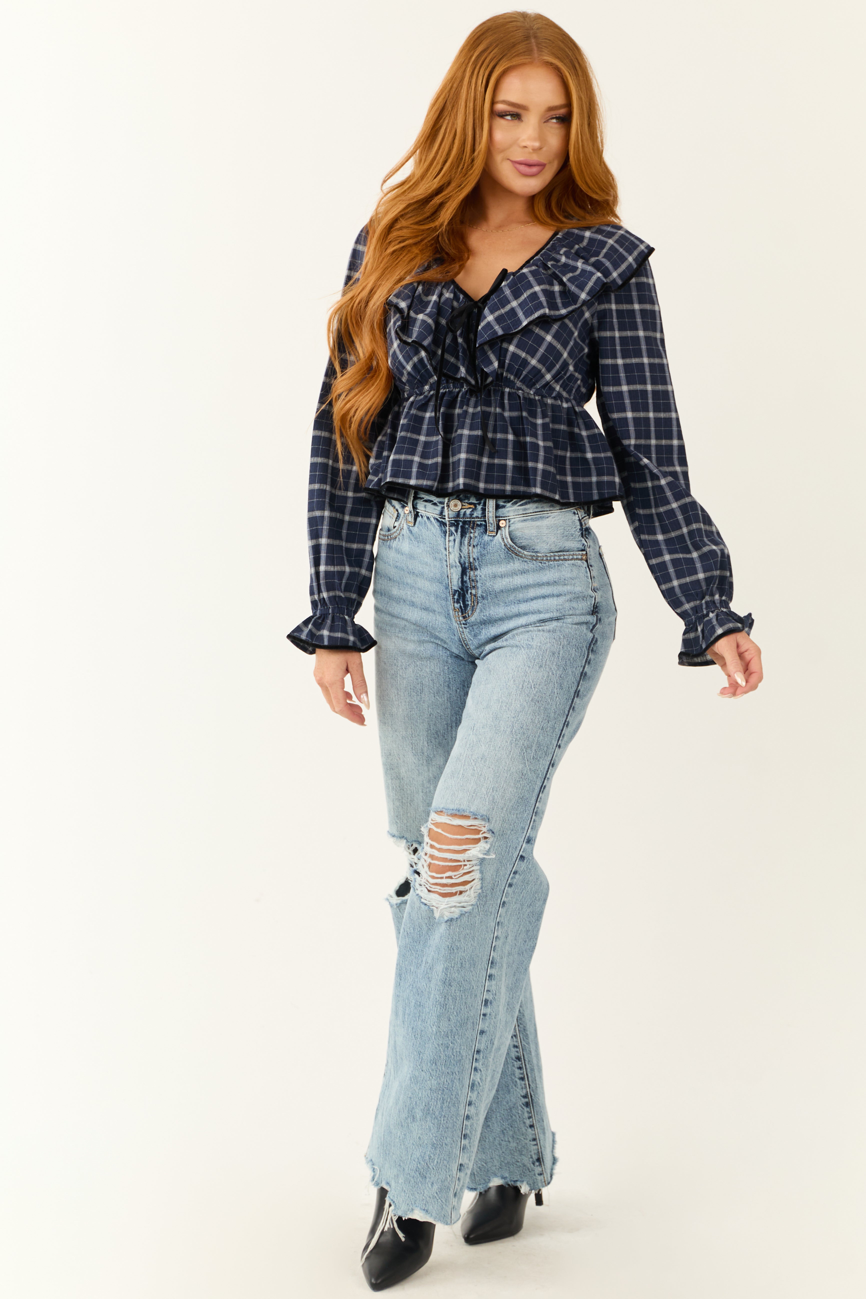 Navy Plaid V Neck Velvet Trim Long Sleeve Top | Lime Lush Boutique