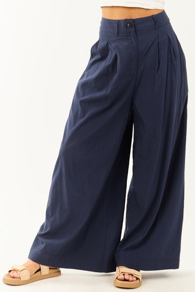 Navy Pleated High Waisted Wide Leg Palazzo Pants