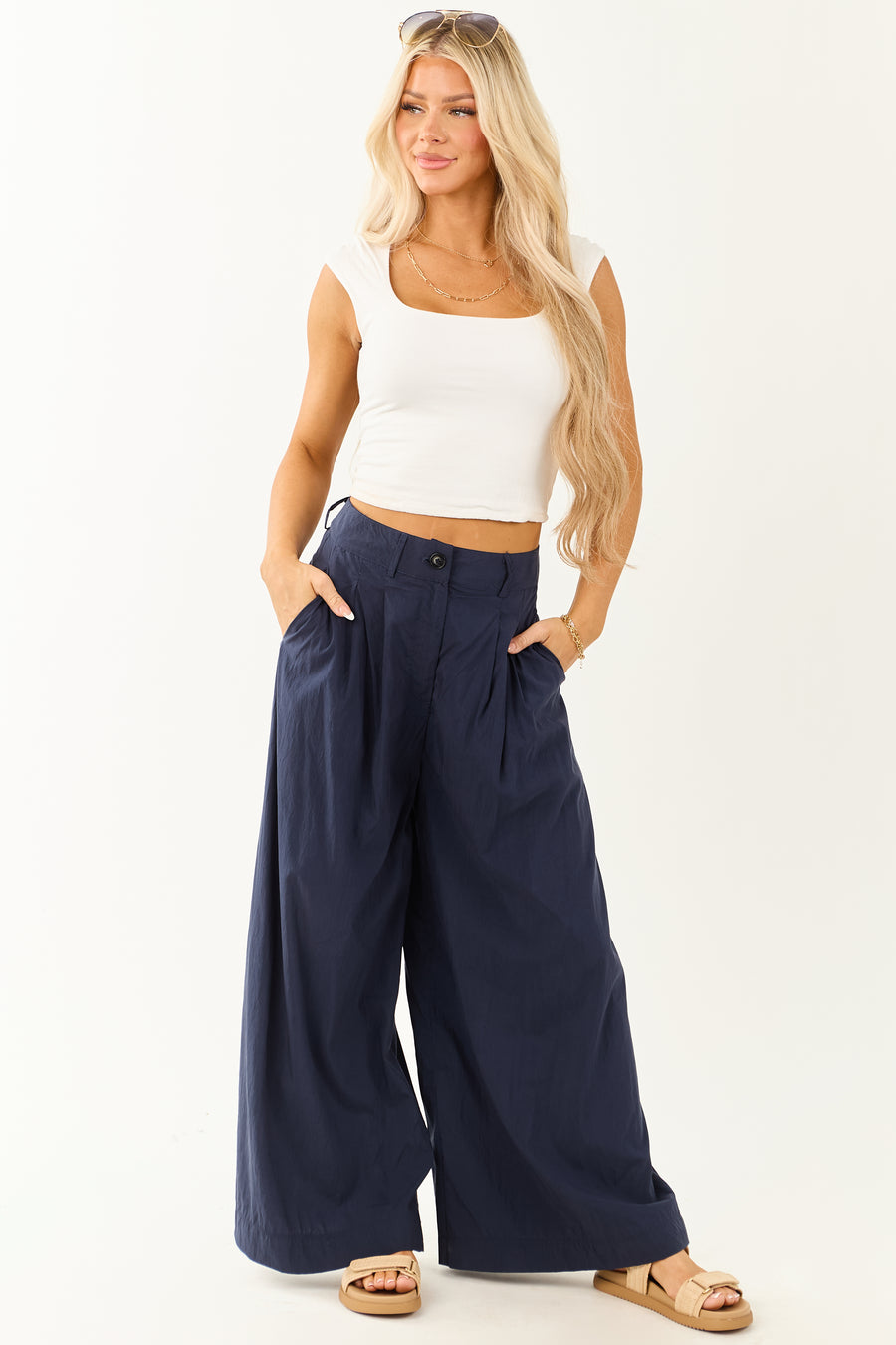 Navy Pleated High Waisted Wide Leg Palazzo Pants