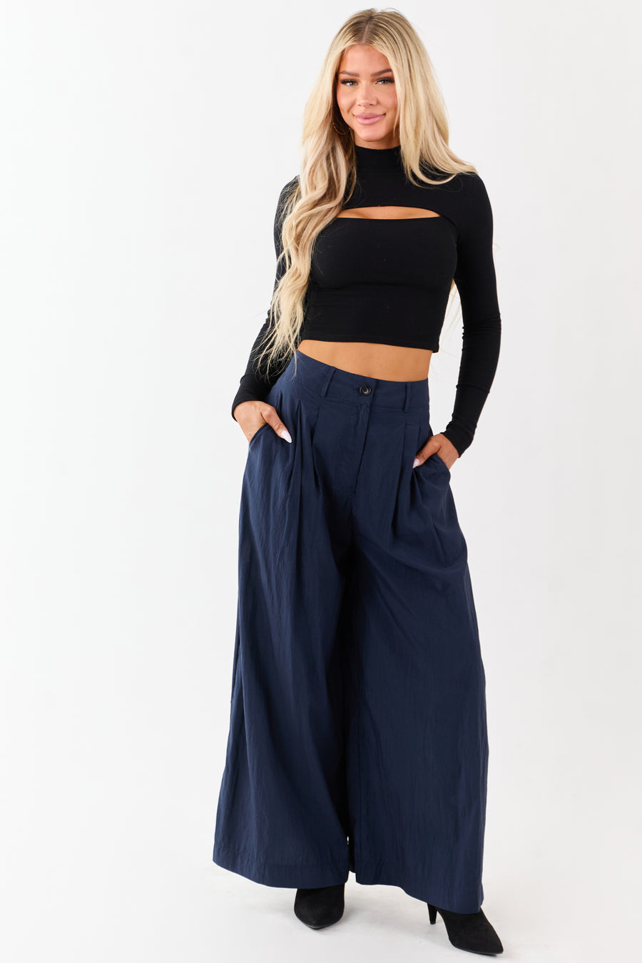 Navy Pleated High Waisted Wide Leg Palazzo Pants