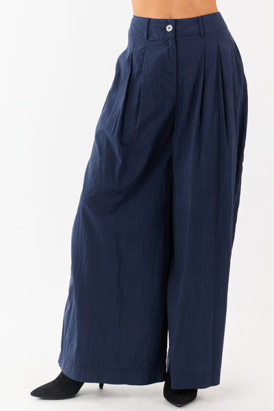 Navy Pleated High Waisted Wide Leg Palazzo Pants