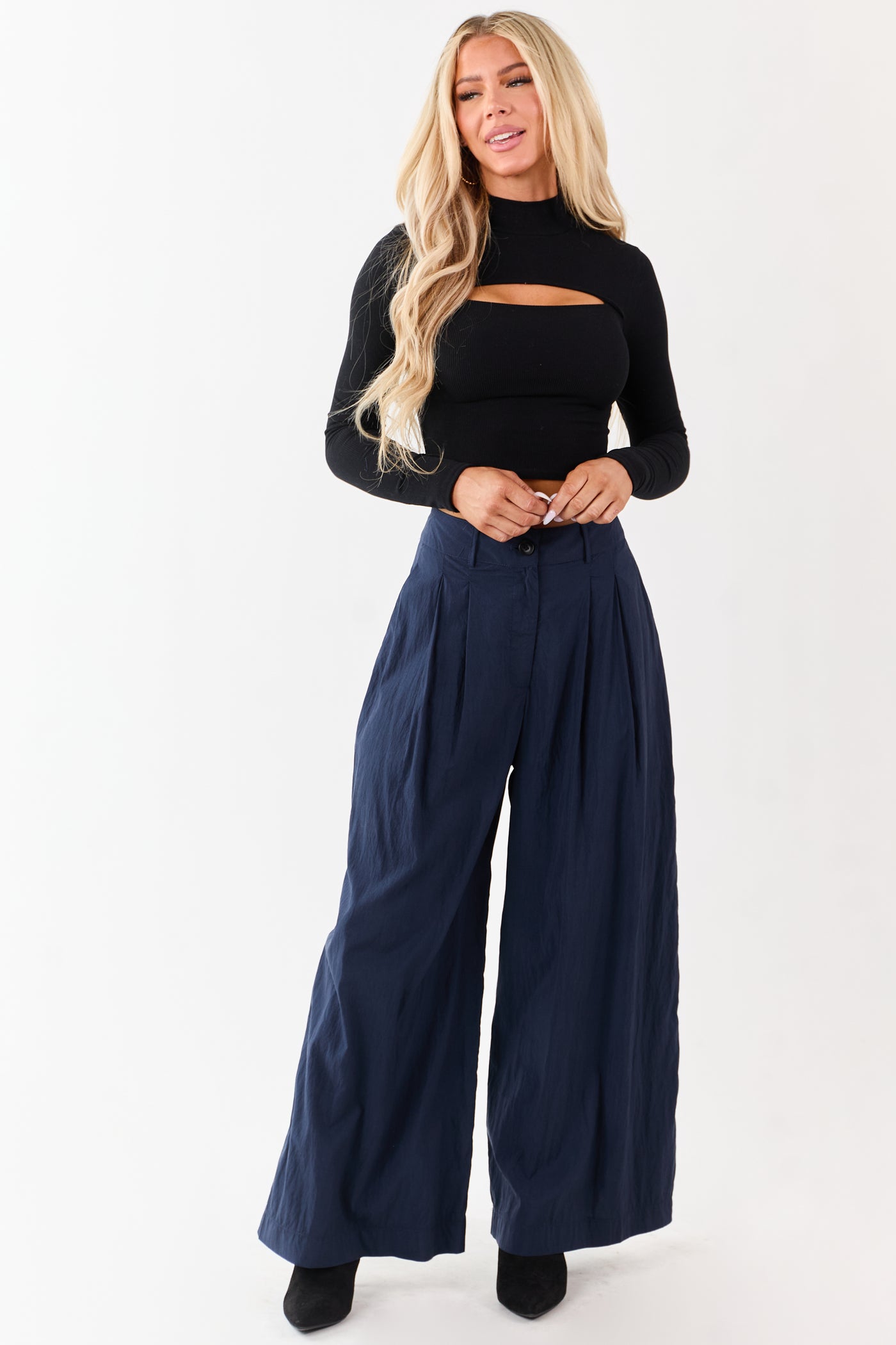 Navy Pleated High Waisted Wide Leg Palazzo Pants