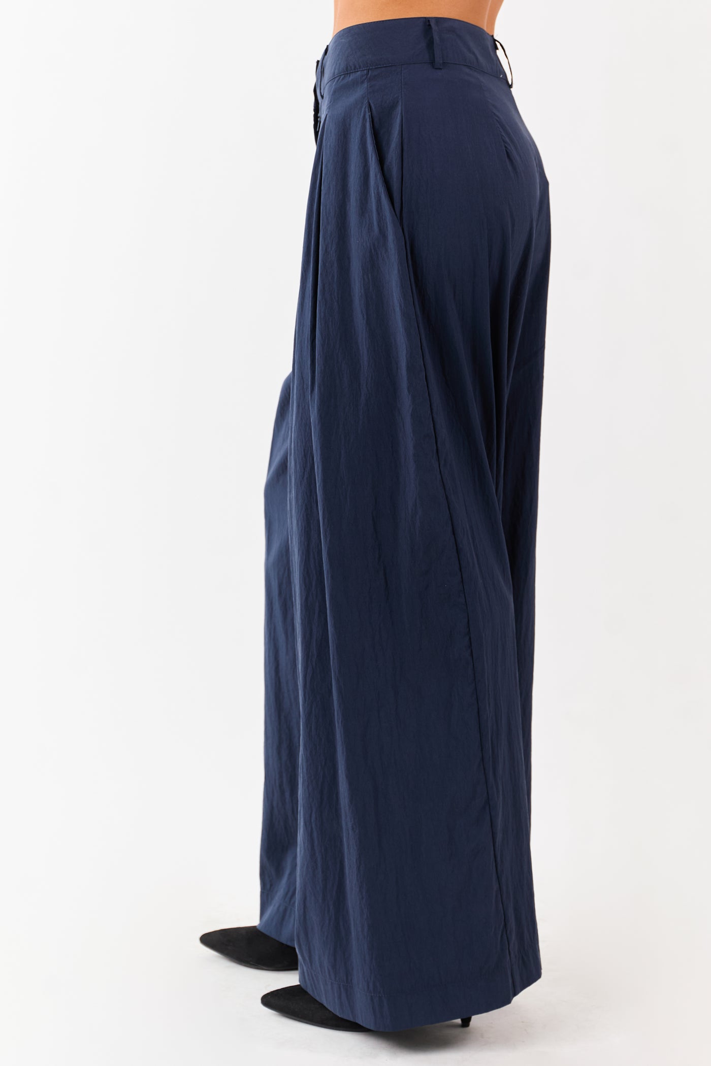 Navy Pleated High Waisted Wide Leg Palazzo Pants