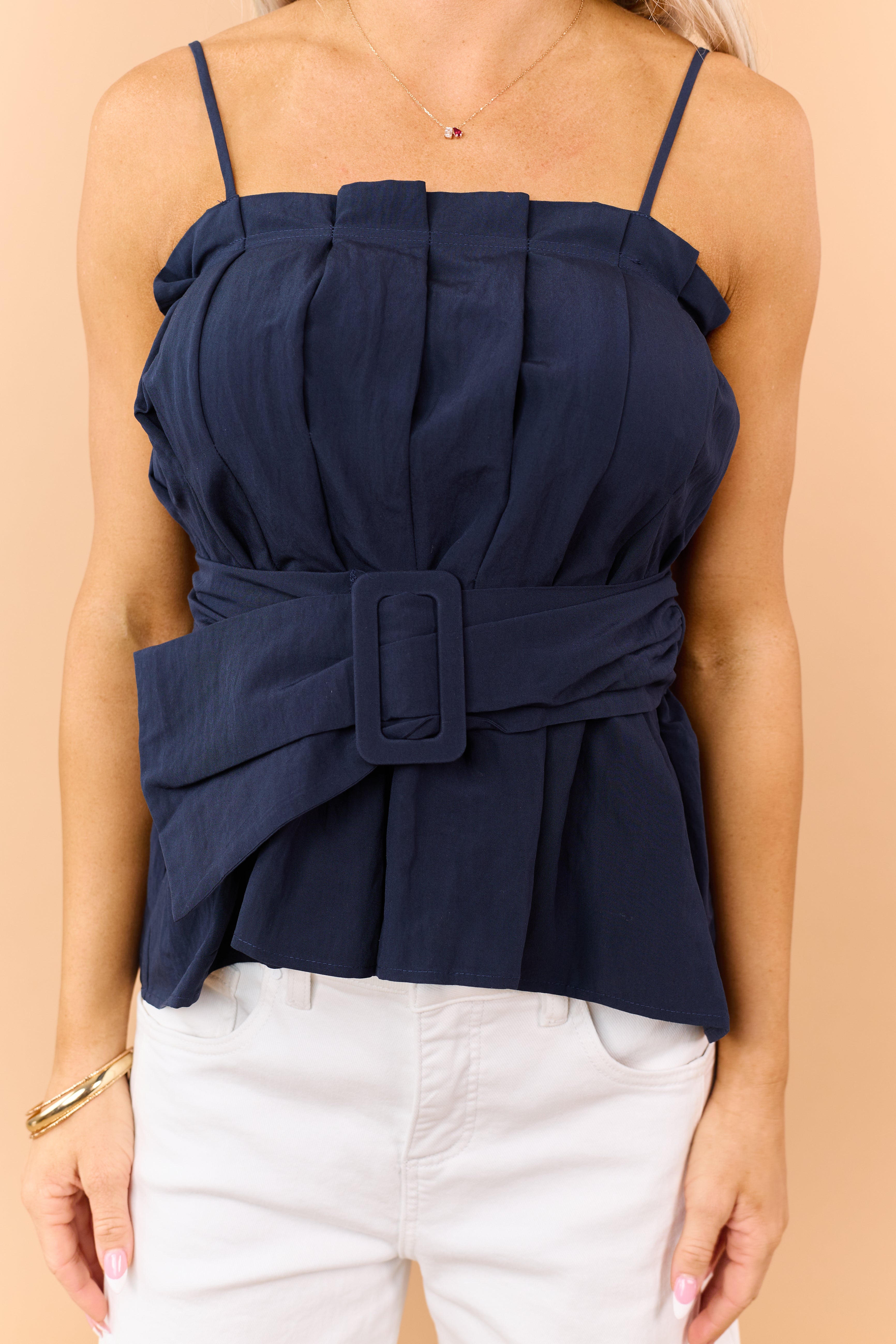 Navy Pleated Tank Top with Matching Belt