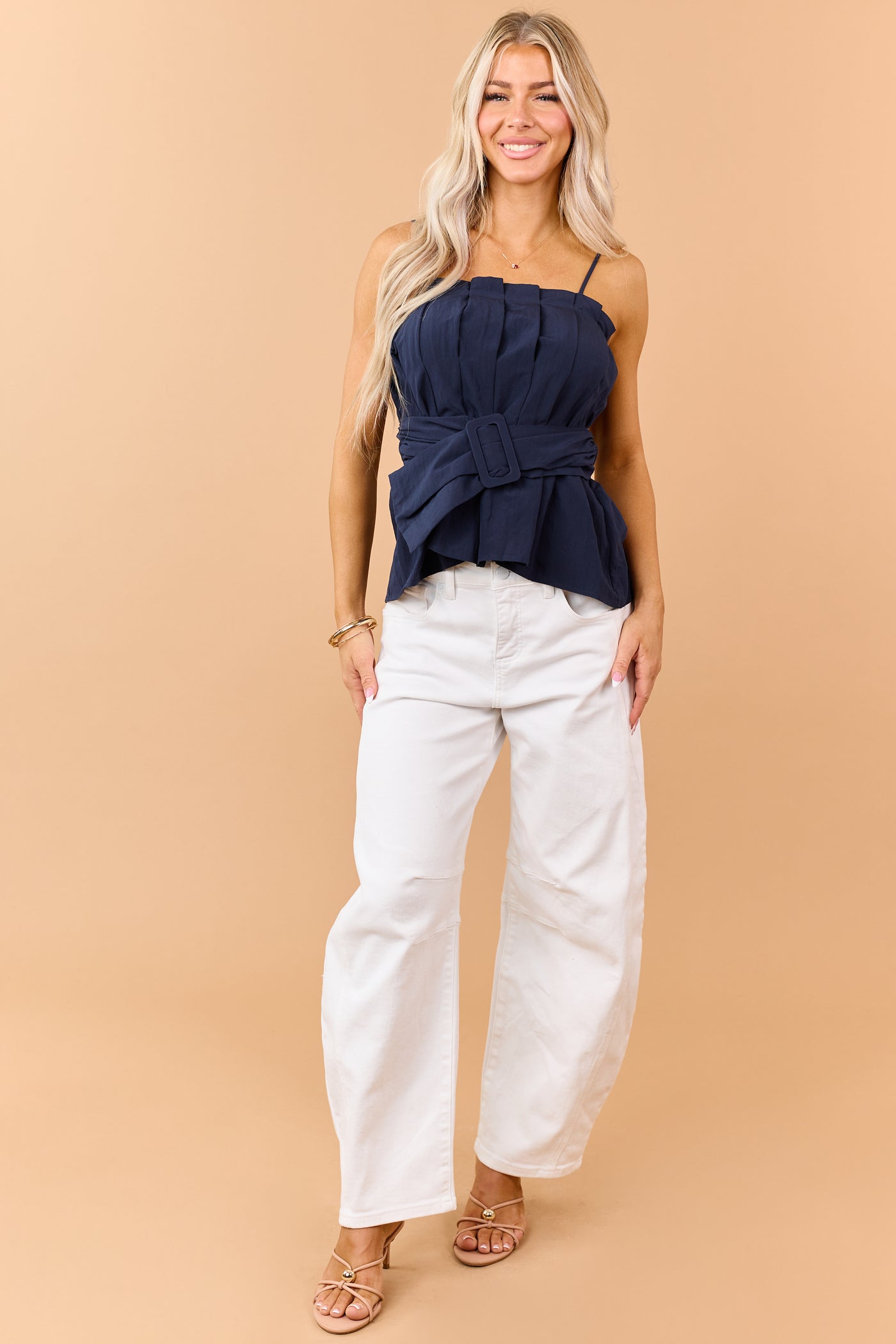 Navy Pleated Tank Top with Matching Belt
