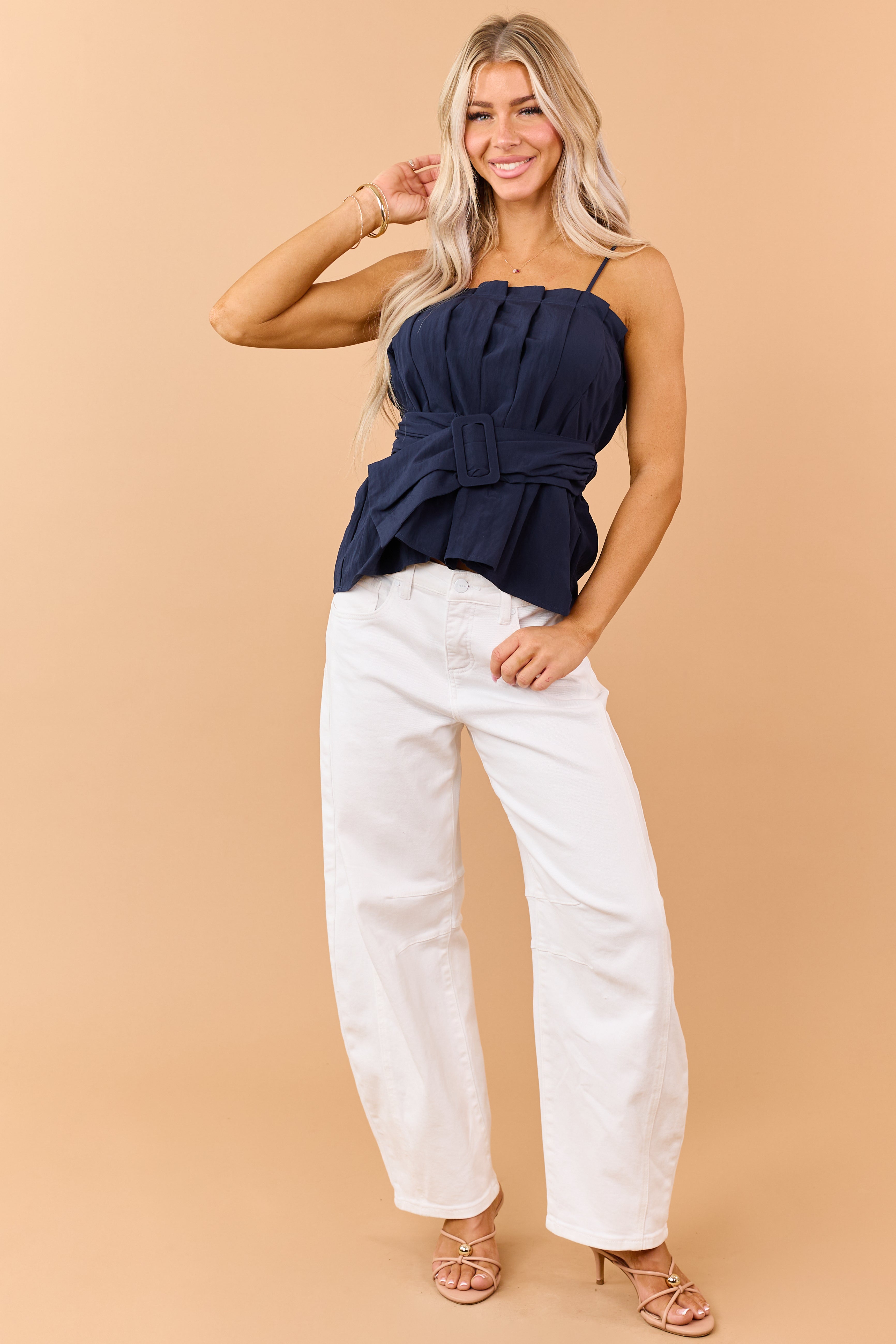 Navy Pleated Tank Top with Matching Belt