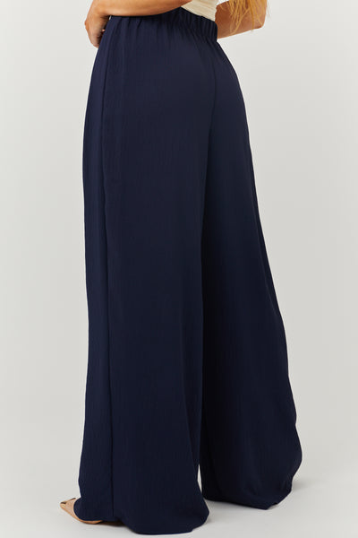 Navy Pleated Wide Leg Flowy Elastic Waist Pants