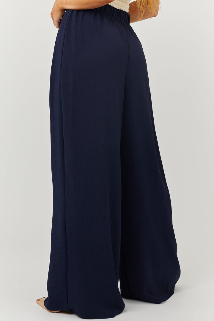 Navy Pleated Wide Leg Flowy Elastic Waist Pants