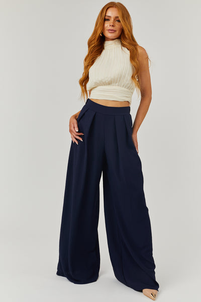 Navy Pleated Wide Leg Flowy Elastic Waist Pants