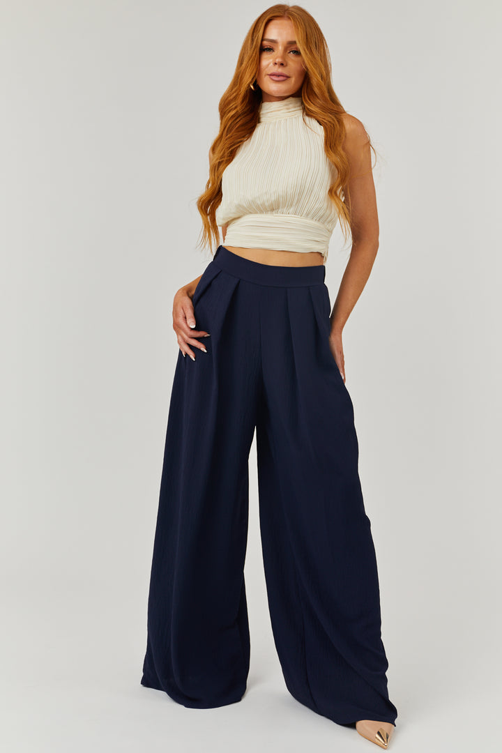 Navy Pleated Wide Leg Flowy Elastic Waist Pants