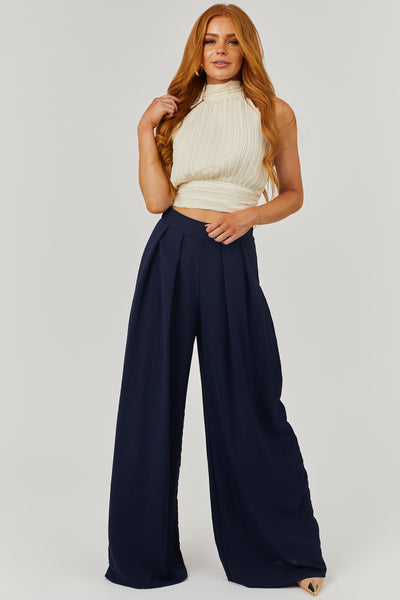 Navy Pleated Wide Leg Flowy Elastic Waist Pants