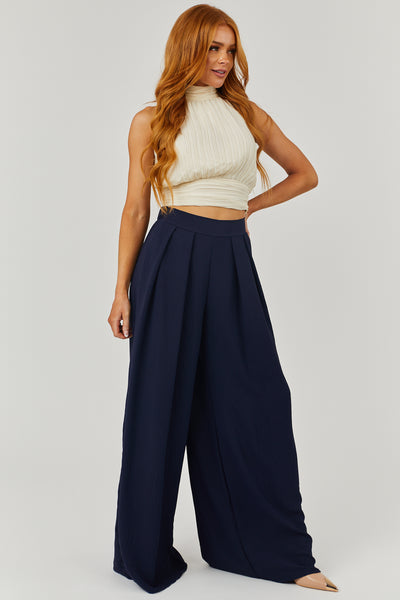 Navy Pleated Wide Leg Flowy Elastic Waist Pants