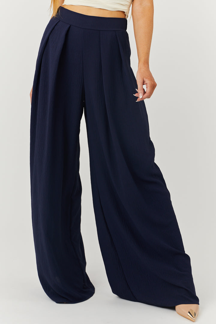 Navy Pleated Wide Leg Flowy Elastic Waist Pants