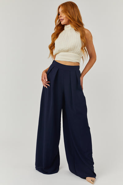 Navy Pleated Wide Leg Flowy Elastic Waist Pants