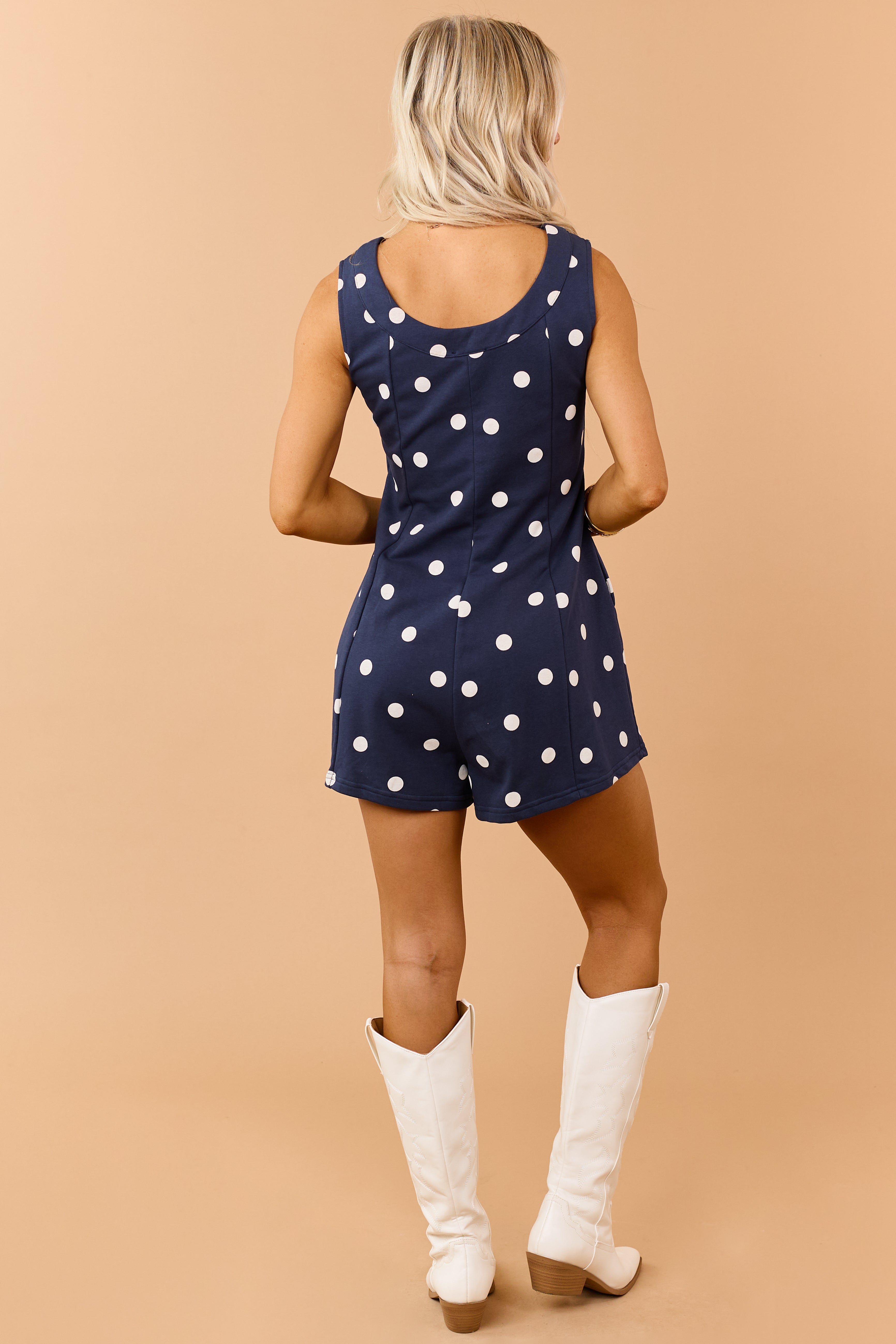 Navy Polka Dot Knit Relaxed Romper