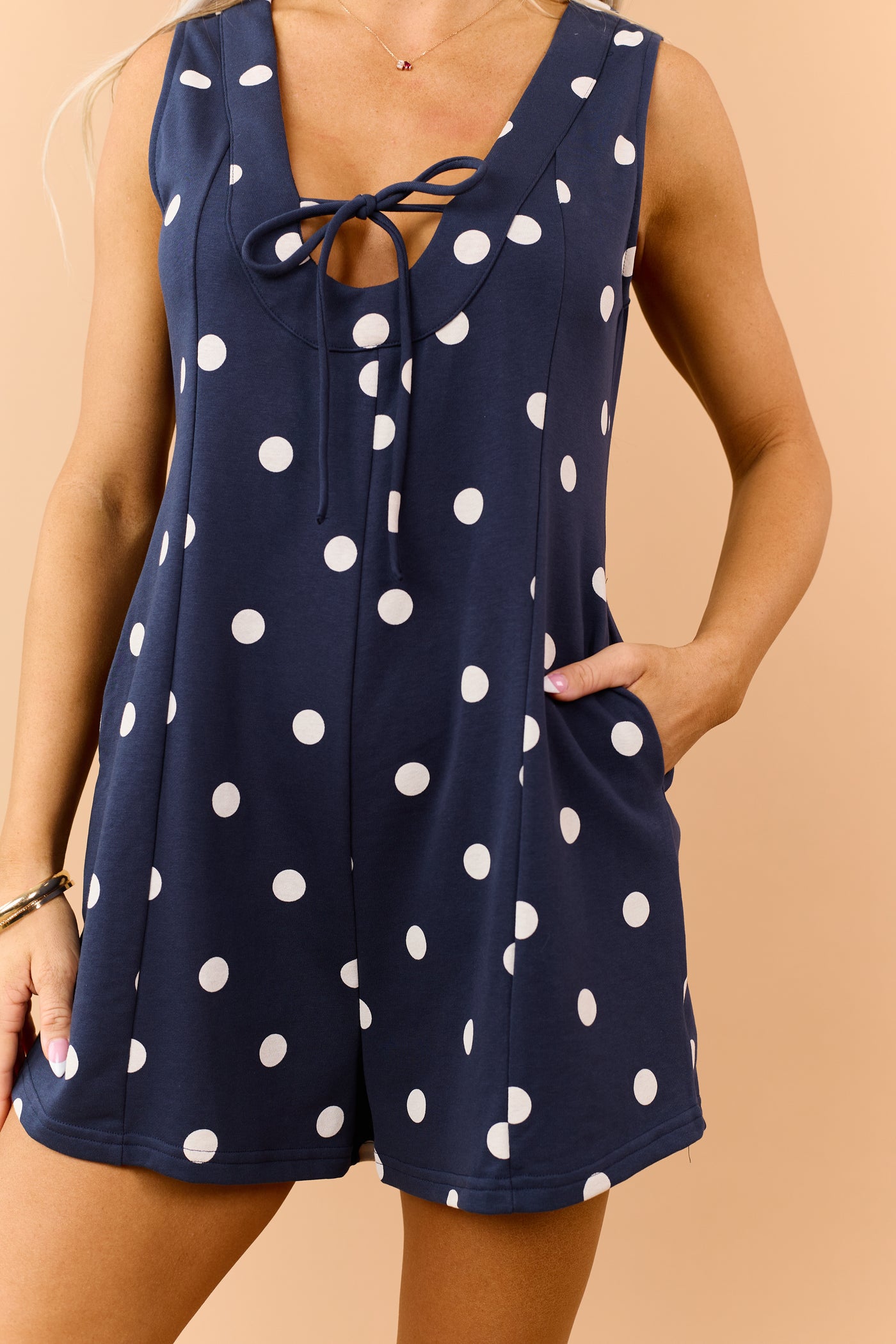 Navy Polka Dot Knit Relaxed Romper