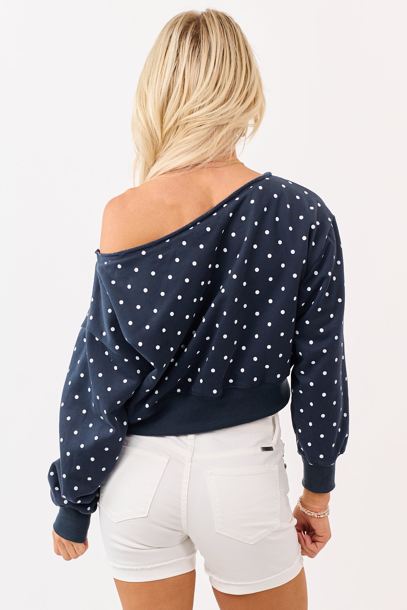 Navy Polka Dot Off Shoulder Sweatshirt