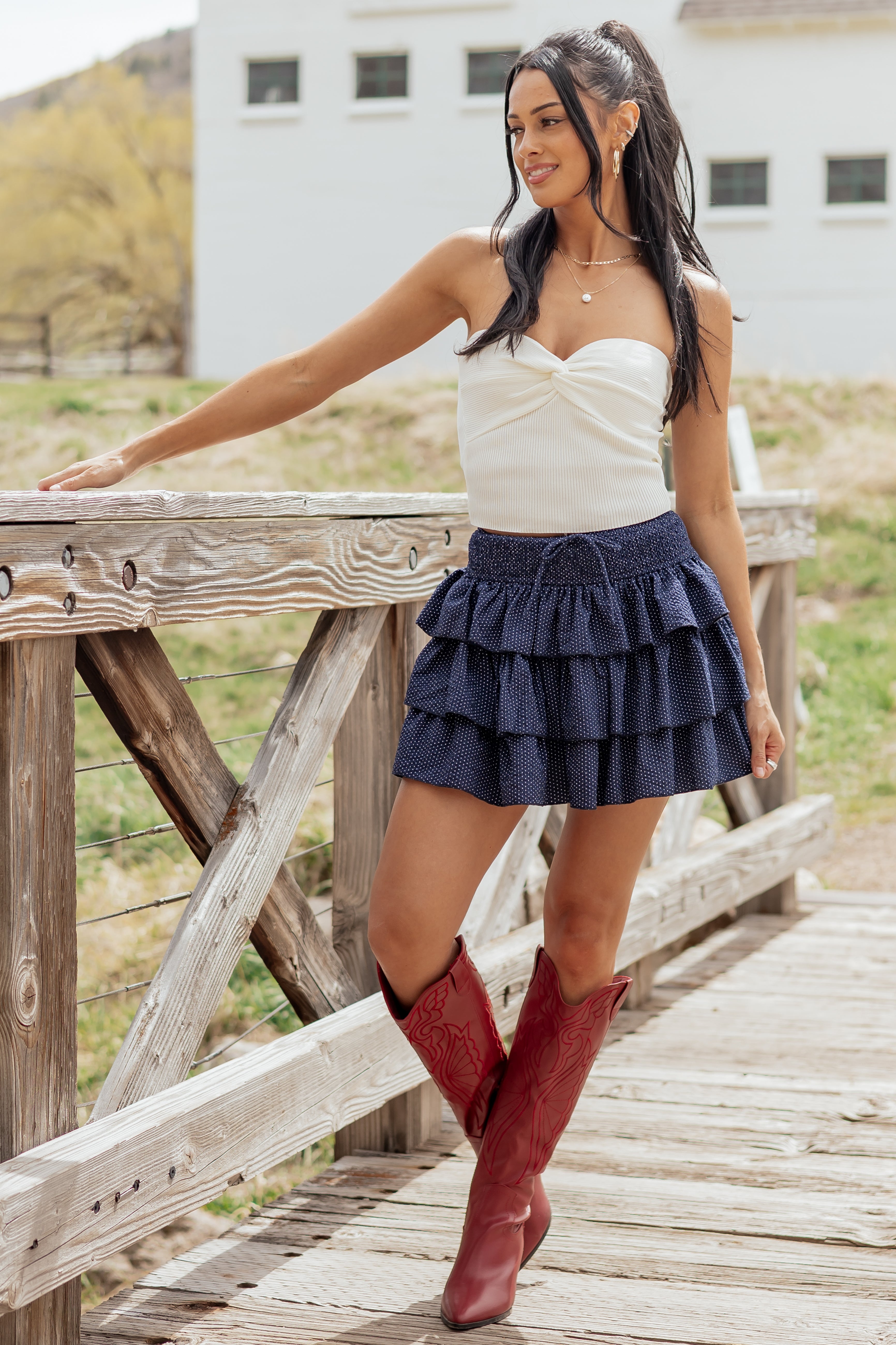 Navy Polka Dot Tiered Ruffle Mini Skirt | Lime Lush Boutique