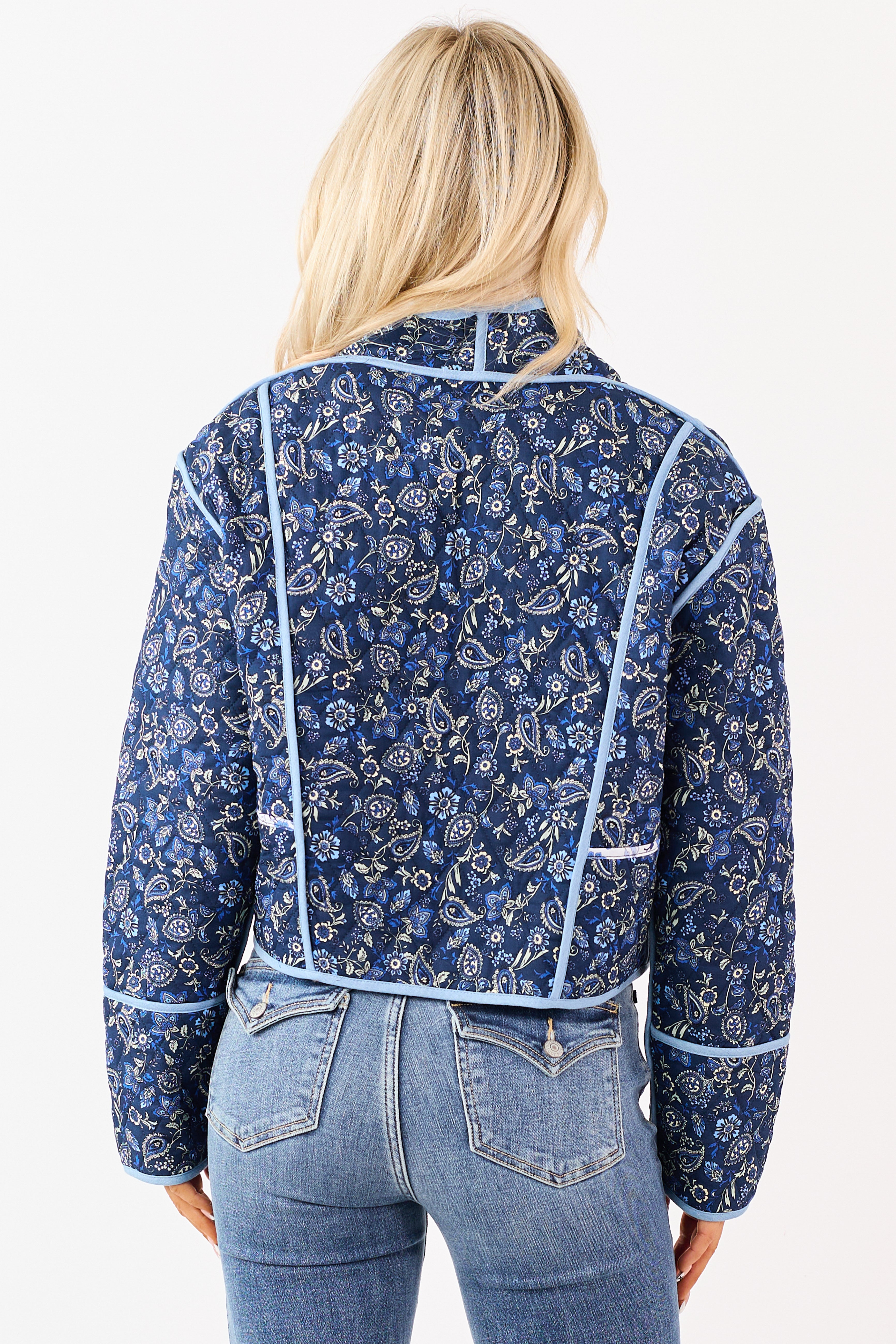 Navy Quilted Floral Print Reversible Cotton Jacket