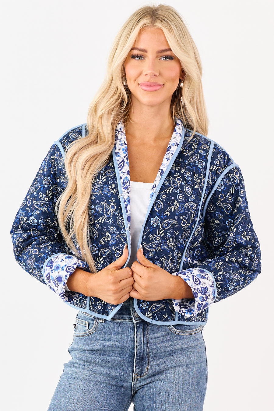Navy Quilted Floral Print Reversible Cotton Jacket