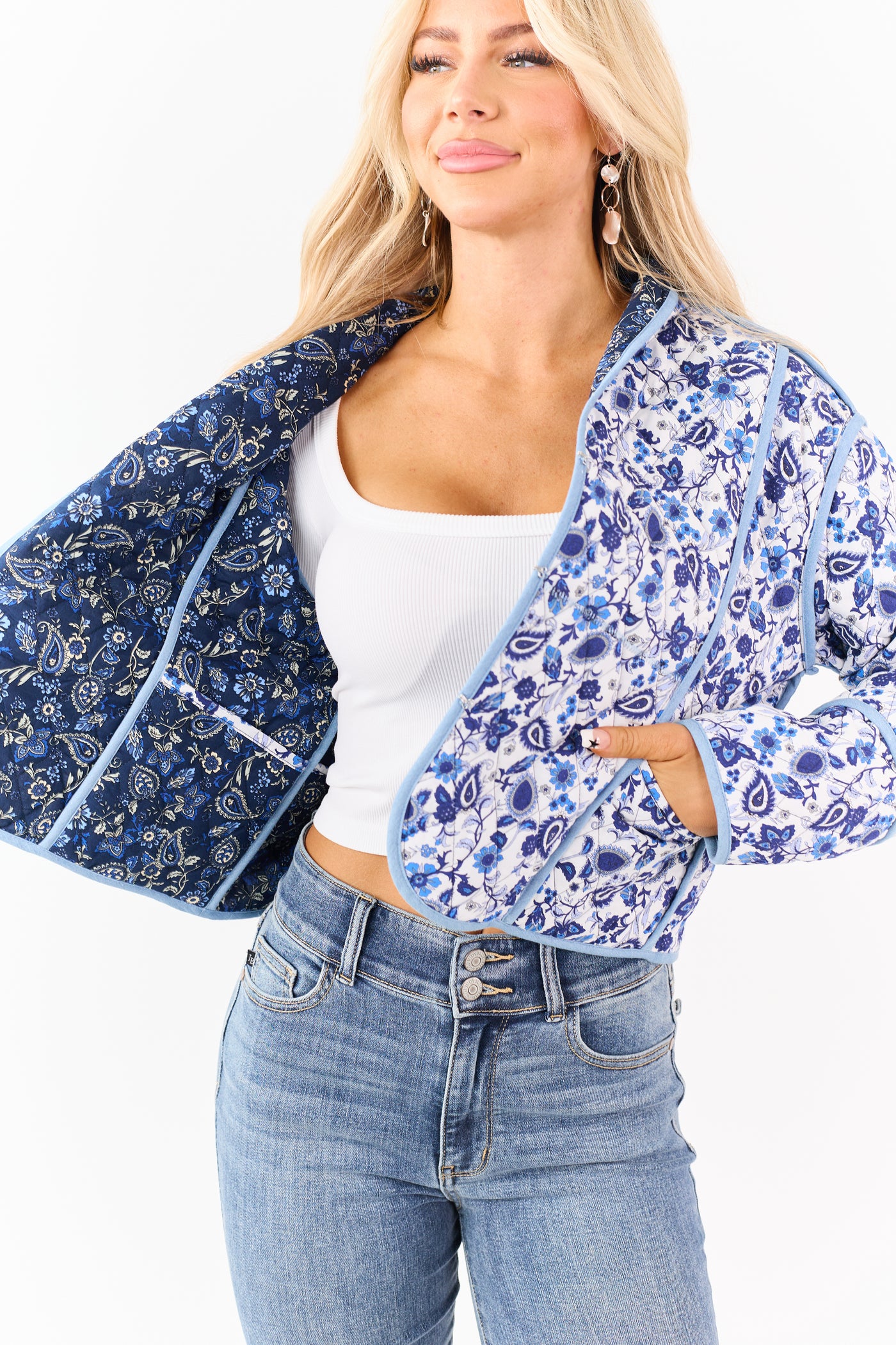 Navy Quilted Floral Print Reversible Cotton Jacket