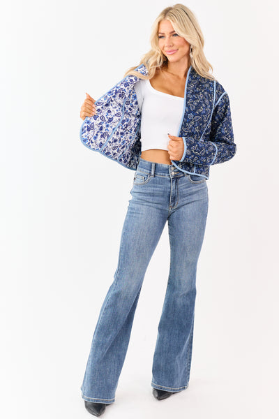 Navy Quilted Floral Print Reversible Cotton Jacket