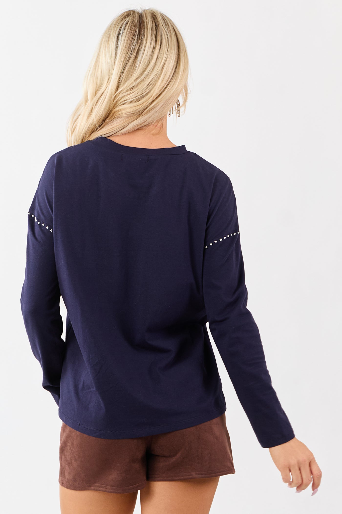 Navy Rhinestone Stud Detail Knit Long Sleeve Top